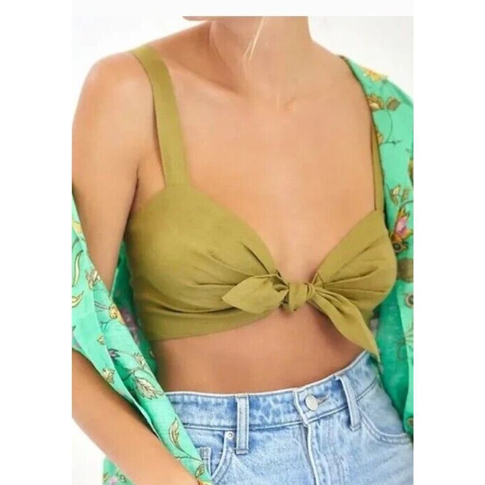Maeve M Linen Bra Top Olive Green Tie Front Smocked Back Crop Anthropologie NEW